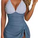 SUUKSESS Women One Piece Swim Dress Tummy Control Swimsuit Tie Knot Bathing Suit (X-Large, Gray Blue Striped)