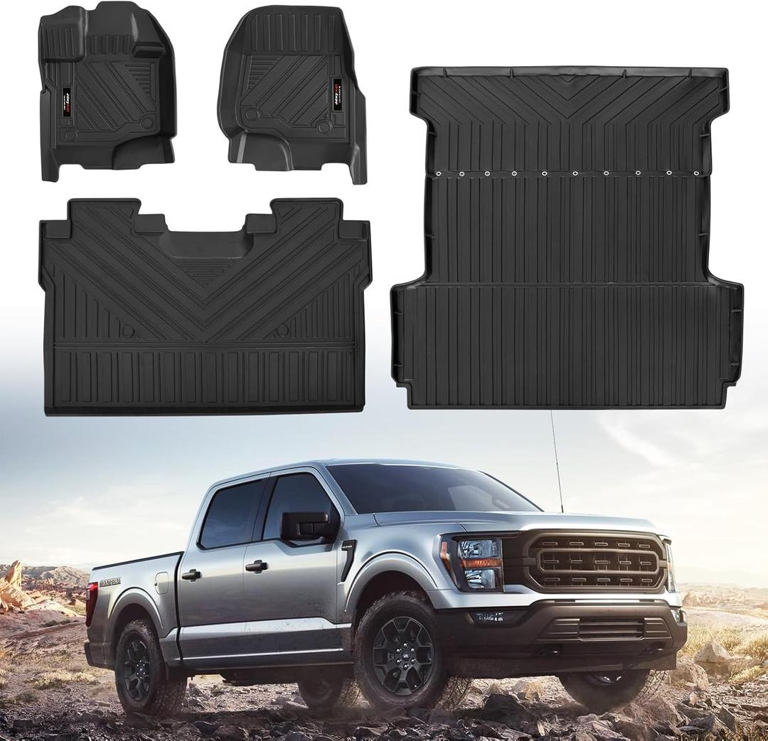 Custom for 2015-2025 2026 Ford F-150 Floor Mats and Trunk Bed Mat 5.5' Ft Short Bed Liner Full Set All Weather TPE Rubber for Ford F150 Accessories (Floor Mats+Truck Bed Mat)