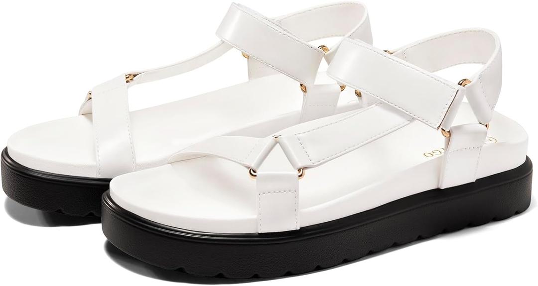 Coutgo Womens Platform Sandals Comfortable Arch Support Footbed Adjustable Ankle Strap Summer Beach Flat Sandals (7.5, White/Pu)