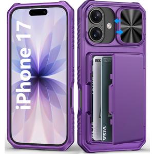 for iPhone 17 Wallet Case with Camera Cover, Card Holder (4-5 Cards), Military Grade Protection, Heavy Duty Shockproof Women Men Protective Phone Case for iPhone 17 6.3" 2025, Dark Purple