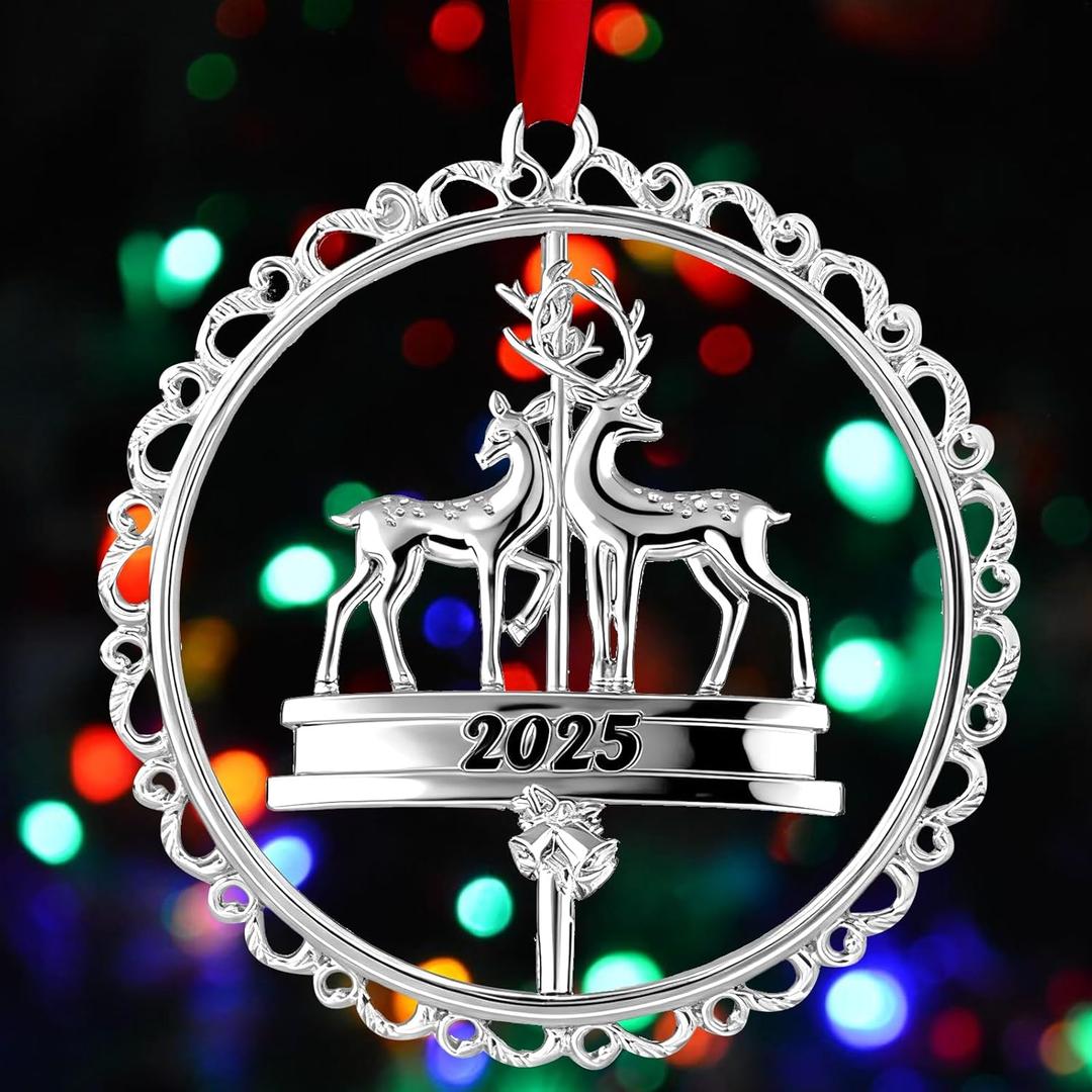 2025 Christmas Ornament Decoration for Tree Hanging Metal Ornaments with Rotatable Elk,Dated 2025 Engraved for Holiday Decoration Keepsake Gift Lover Friends Family (Silver)