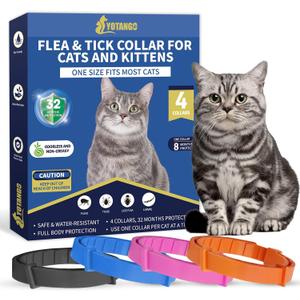 4 Pack Flea Collar for Cats, 32 Months Flea and Tick Prevention for Cats, Waterproof Cat Flea Collar, Natural Cat Flea and Tick Treatment, Adjustable Flea and Tick Collar for Cats Kittens(4 Colors) (Black&Blue&Orange&Pink)
