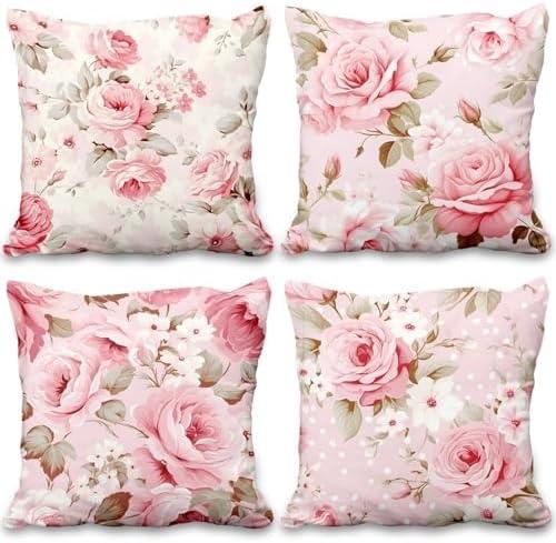 Floral Throw Pillow Covers Pink Flower Blooming Romantic Rose Vintage Sweet 18x18 Set of 4 Retro Country Square Pillowcases for Outdoor Home Couch Sofa Bed Room Patio Farmhouse Garden