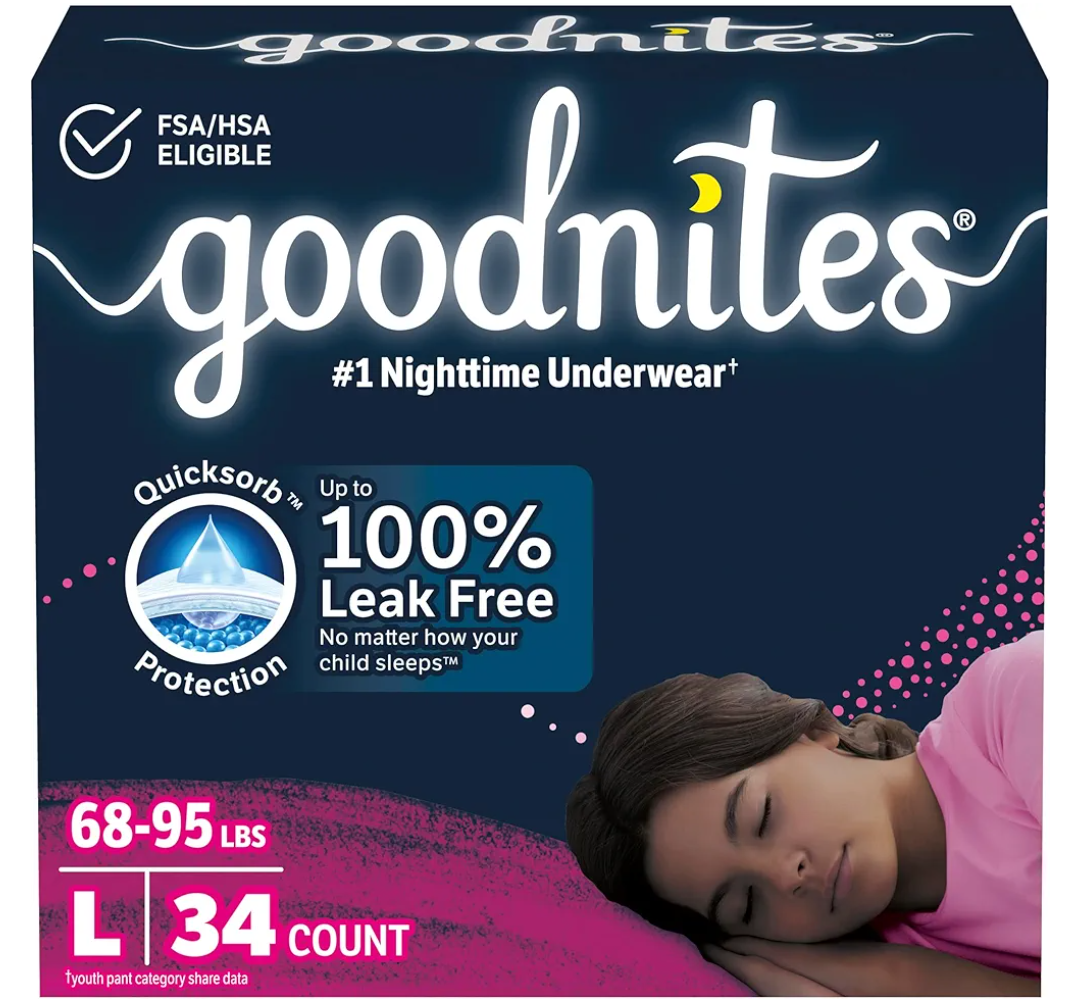 Goodnites Girls' Nighttime Bedwetting Underwear, Size Large (68-95 lbs), 34 Ct (2 Packs of 17)