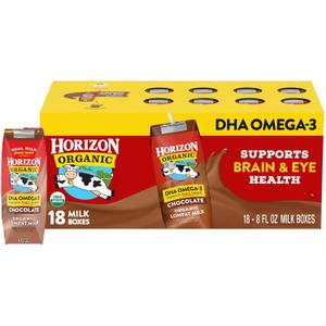 Horizon Organic Shelf Stable 1% Lowfat DHA Omega-3 Chocolate Milk Boxes, 8 fl oz, 18 Count - 8g Protein per Serving, USDA Organic UHT from Pasture-Raised Cows, Ready to Drink for Lunchbox, Travel, or On-the-Go, No Refrigeration Needed