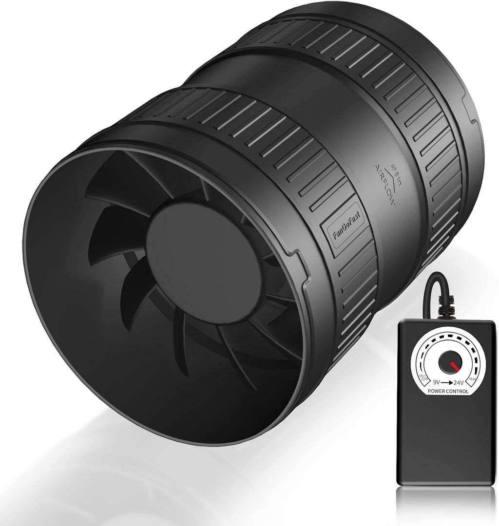 6 Inch Inline Duct Fan 345CFM Airflow with Stepless Speed Control Low Noise Energy Saving Ventilation Booster Fan for Grow Tents, Workshops, Basements