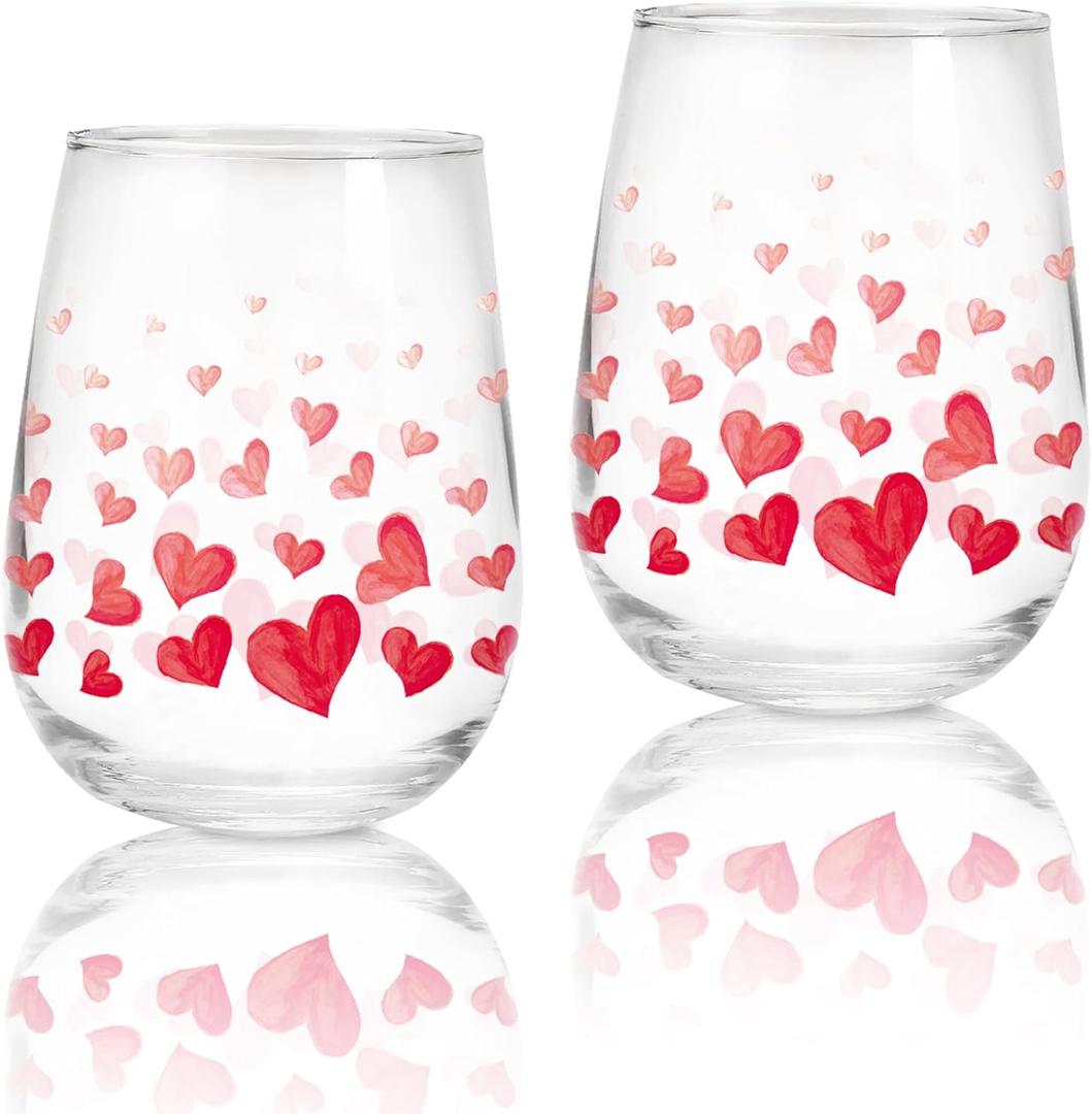 Whaline 2Pcs Valentine's Day Stemless Wine Glasses Clear Drinking Glasses 17oz Red Watercolor Heart Tumbler Cups for Wedding Valentine Party Supplies