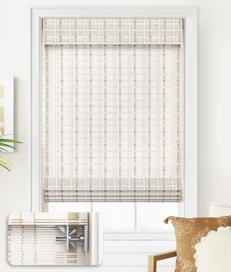 LazBlinds No Tools No Drill Cordless Bamboo Roman Shades, Light Filtering Window Treatment, Roll Up Bamboo Blinds for Window 33'' W x 64'' H, Whitewash B