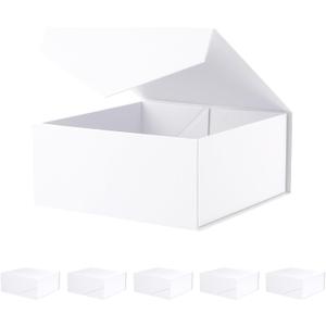 BLK&WH 6 Collapsible Gift Boxes with Magnetic Lids, 7.5x7.5x3 Inches, Bridesmaid Proposal Boxes, Matte White