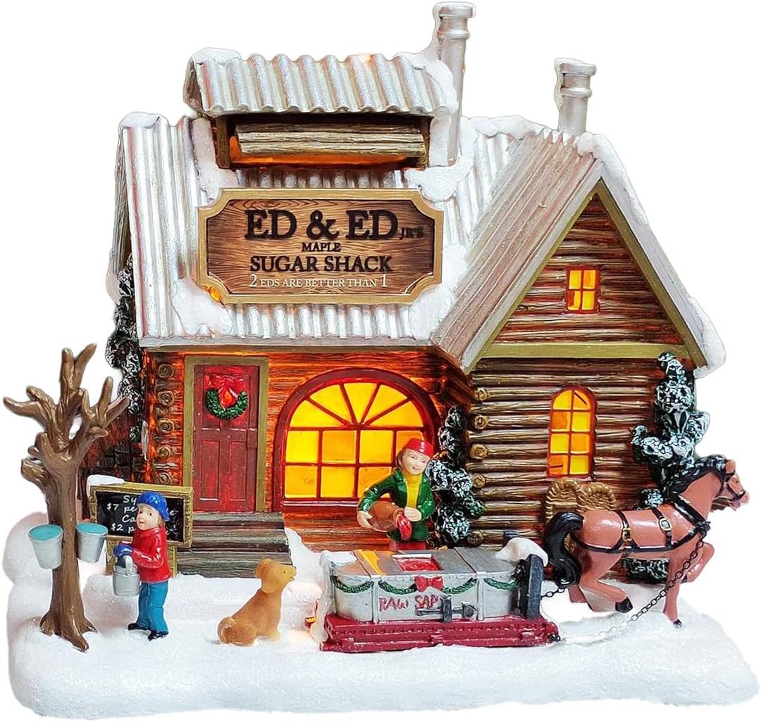 MOMENTS IN TIME Light Up Sugar Shack Christmas Village House Hand-Painted Polyresin Cabin Scene with Horse & Dog, Winter Holiday Dcor, Battery Operated Warm LED Lights