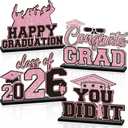4Pcs Pink Graduation Decorations 2026 Wooden Table Centerpieces Congrats Grad Table Toppers Decor Class of 2026 Tiered Tray Decor for Graduation Party Decorations