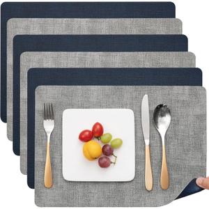 Myir JUN Placemats Dual Sided, Faux Leather Place Mats Set of 6 Indoor Placemat for Dining Table Outdoor Place Mat Manteles Individuales Square Non-Slip Washable Table Mats (Gray Blue, Set of 6)