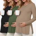 Sweetyweee 3 Pack Women's Maternity Shirts Long Sleeve Split Side Tee Loose Fit V Neck Pregnancy Clothes Fall Oversize Tops(Khaki, Army Green, Black,Large)