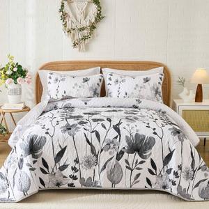 Anibedding Grey Quilt Set Queen, Floral Bedspread Soft Microfiber Lightweight Queen Size Quilt Bedding Sets Flower Coverlet for All Season(Queen, 96"x90")