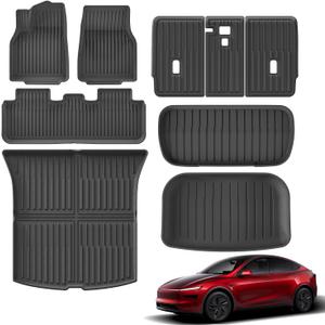 9PCS Full Set of Floor Mats for New 2025 2026 Tesla Model Y Juniper 5-Seats All Weather TPE Front Rear Trunk Cargo Liner Backrest Mats Frunk Mat Accessories Black