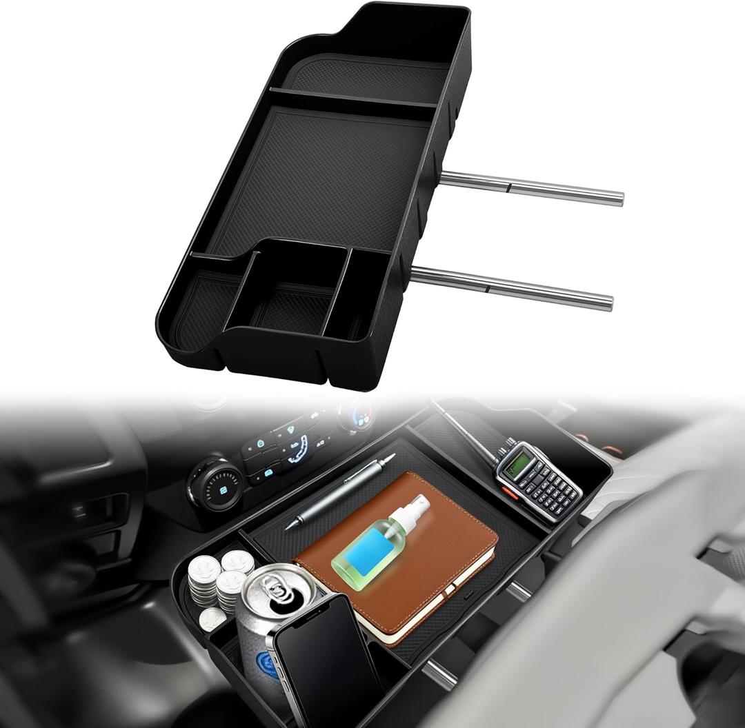 Upgraded Front Center Console Organizer Fit Super Duty Accessories- Jump Seat Headrest Replacement with Cup Holder Tray (Black)