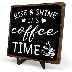 Farmhouse Coffee Wooden Plaque Sign, Vintage Desk Decor for Home or Office Coffee Station,Cafe Bar Sign - Rise & Shine It's Kitchen Wooden Sign 5.9x5.9In (Black2)