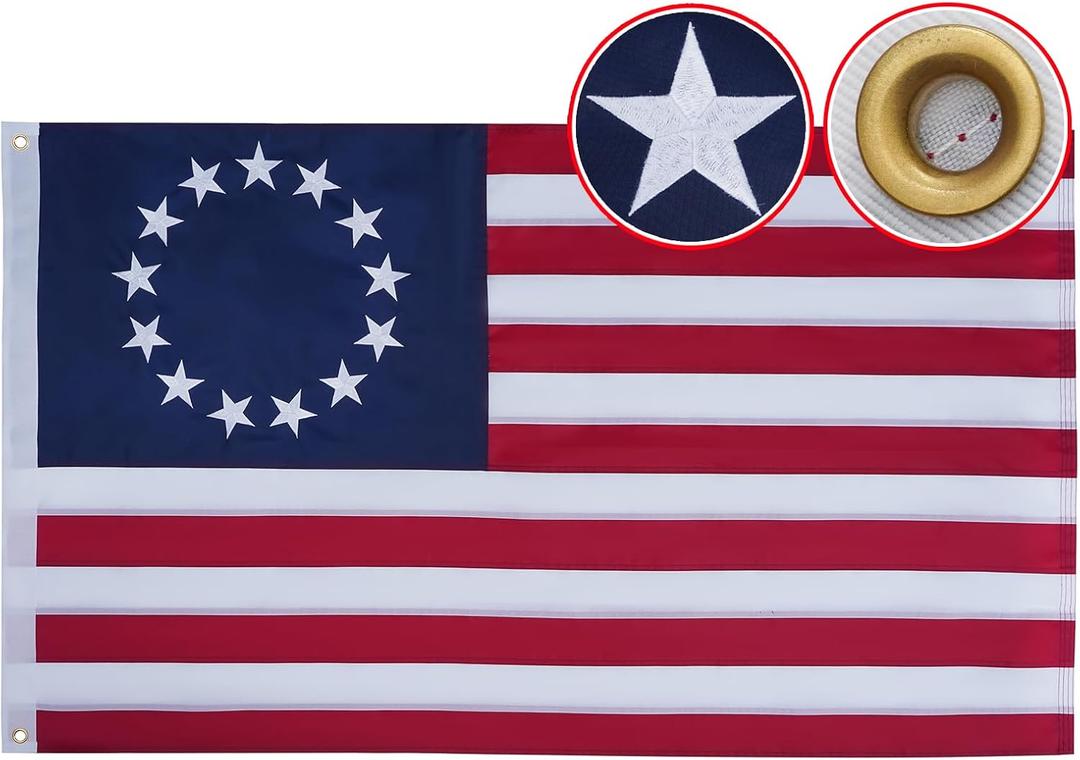 Betsy Ross Flag 2x3 Feet Embroidery 13 Star Colonial American Flags with 2 Strong Brass Grommets, Heavy Duty Polyester Colonies Primitive Flag 