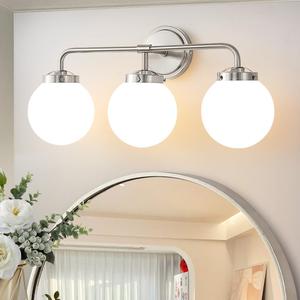 Bathroom Light Fixtures Over Mirror, Brushed Nickel Modern Vanity Lights with Milk White Glass Globe Shades 3-Light Farmhouse Wall Sconce Lighting