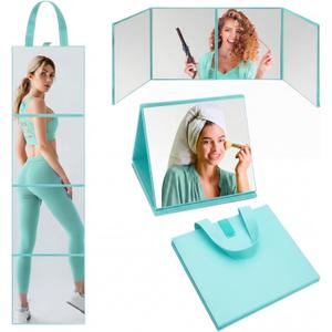 3 Way Foldable Full Length Mirror with Handle 31.89 x 11.22 Inches Leather Portable Camping Travel Hanging Folding Body Mirror for Makeup Dance Fitness Spa Hair Styling(Mint Green,Classic)