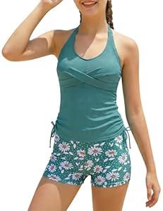 Girls Bathing Suits for Teens Size 12-14 V Neck Halterneck Stitch Swimsuit with Padded Juniors Summer Beach Green Daisy Tankini Swim Set 12-14 Year Big Girl Hawaii Beach Drawstring Shorts Swimwear