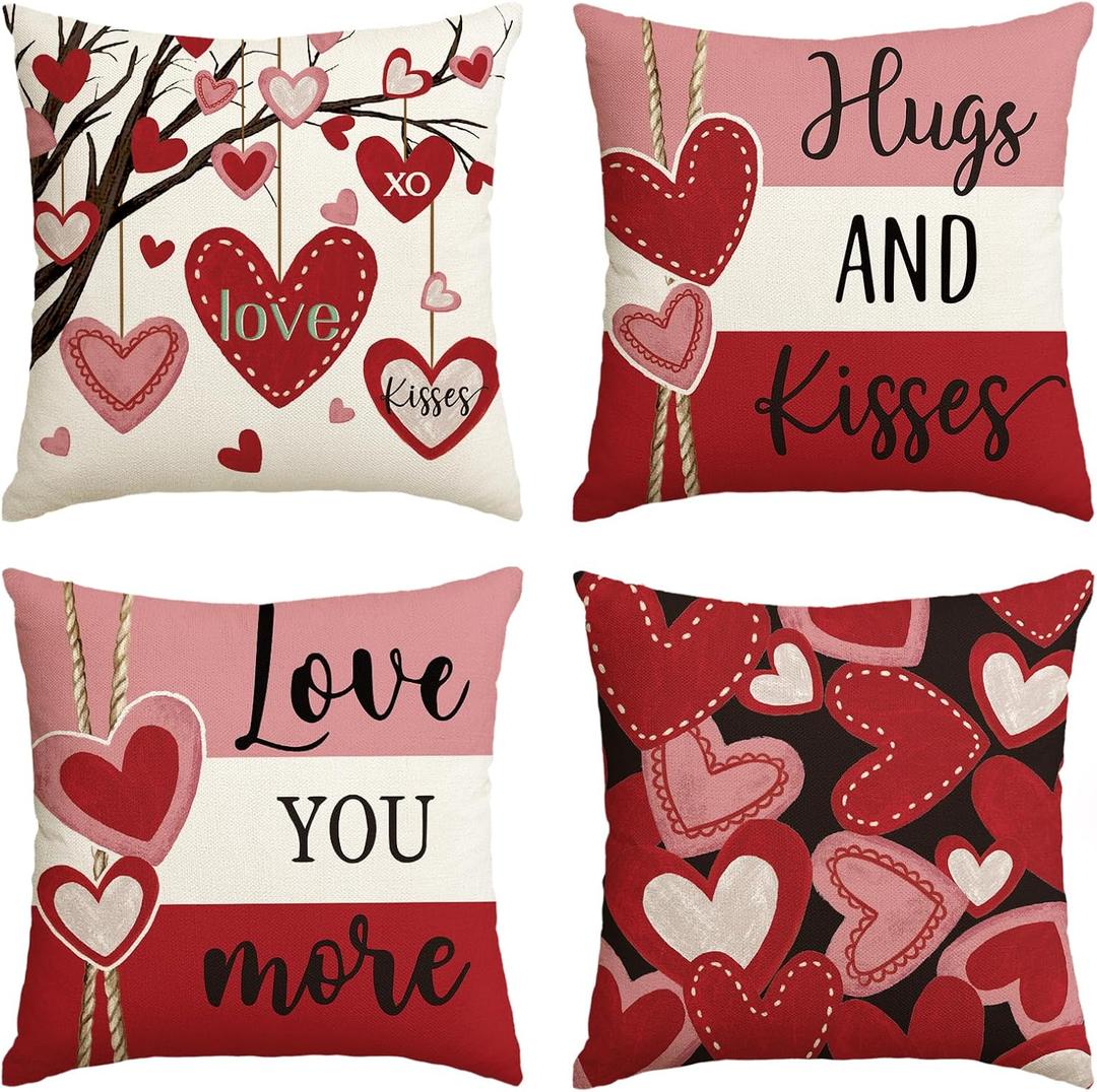 AVOIN colorlife Valentine's Day Hugs and Kisses Love You More Throw Pillow Covers, 20 x 20 Inch Valentine Heart Stripes Wedding Cushion Case Decoration for Sofa Couch Set of 4 (Red)
