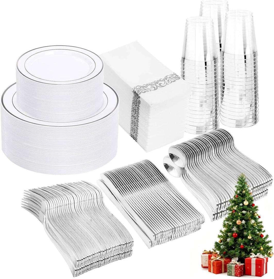 350 Pcs Silver Plastic Plates - Silver Dinnerware Set of 50 Dinner Plates 50 Dessert Plate 50 Silverware 50 Napkins 50 Cups for Christmas Party&Wedding