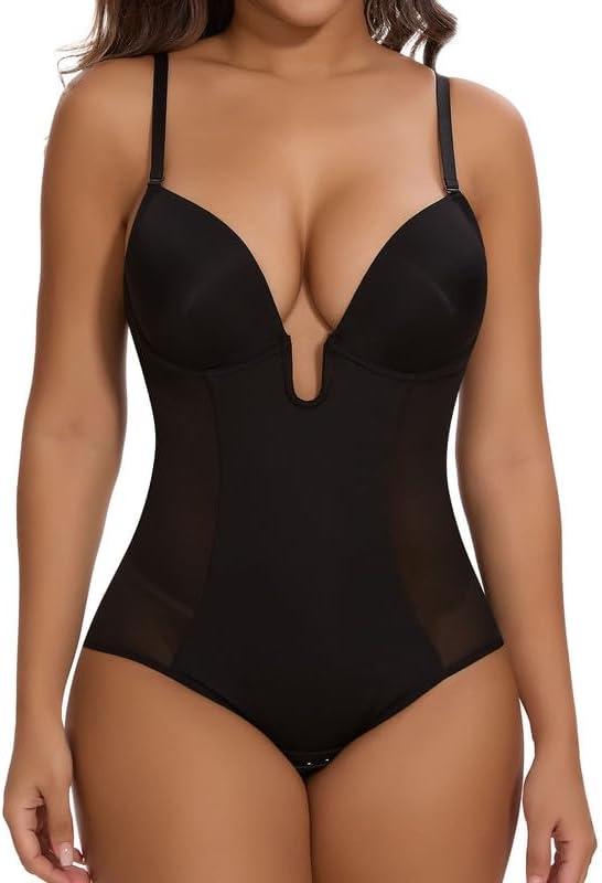 SHAPERIN Women's Backless Body Shaper Bra Faja U Plunge Low Back Thong Shapewear Tummy Control Deep V Bodysuit (X-Large, B-black Brief)