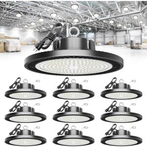 ELEKICO Super Bright 21000lm 5000k 150w 10 Pack UFO Led High Bay Shop Lights with 5'Cable 3-Pin Plug Hook Safe Rope for Garage Factory Warehouse Workshop Barn