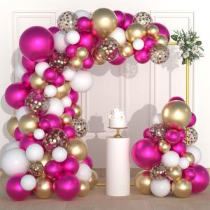Magenta Hot Pink Gold Balloons Garland Arch - Metallic Rose Red White Balloons Gold White Fuchsia Chrome Pink Balloons for Weddings Anniversary Bachelorette Birthday Valentine Day Party Decorations