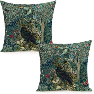 Set Of 2 William Forest Raven On Acanthus Leaves Blue Green Floral Morris Throw Pillow Covers 18x18 Inch Aesthetic Pillow For Bedroom Pillowcase Home Decor Living Room Cushion Case For Bed Sofa Couch 
