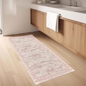 Restydon Washable Runner Rugs for Bedroom - 2x6 Runner Rug Non Slip, Ultra-Thin Entryway Rug, Soft Abstract Kitchen Runner for Hallway, Laundry, Bathroom, Indoor Door Mat(2'x6', Pink/Ivory)
