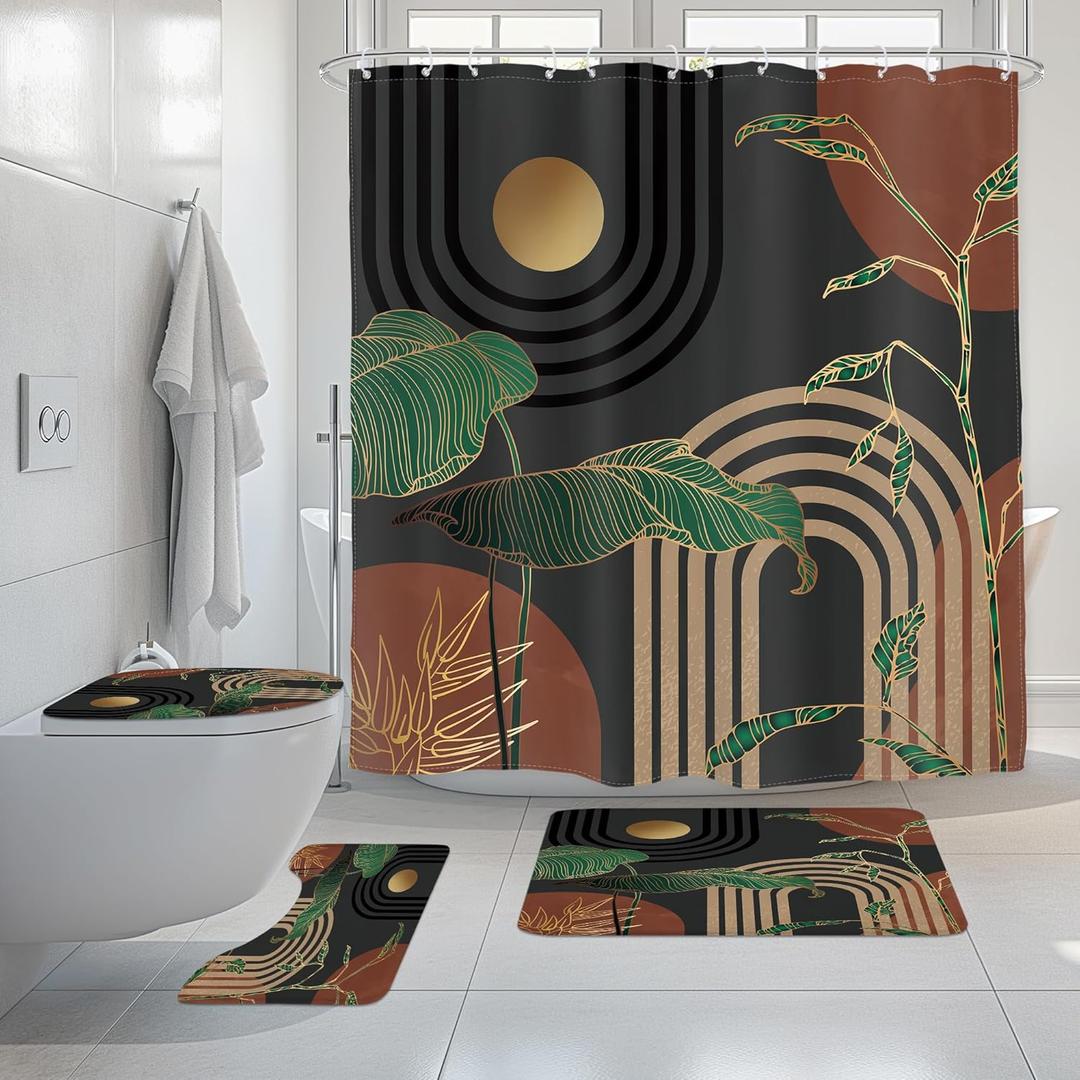 Glawry 4Pcs Boho Shower Curtain Sets 72Wx72L, Non-Slip Rugs, Toilet Lid Cover and U-Shaped Mat, Dark Green Modern Bathroom Sets with Rugs Shower Accessories with 12 Hooks for Bathroom Decor