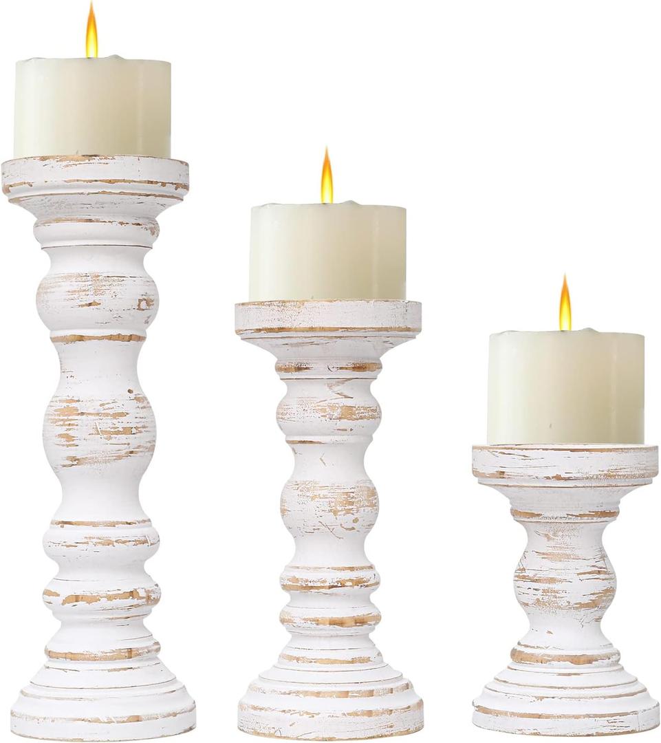 Rustic Farmhouse Wood Pillar Candle Holder Set of 3 for Candlestick, White