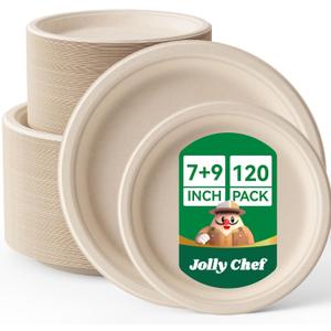 JOLLY CHEF Compostable Heavy Duty Plates      [ ] Eco-Friendly Disposable Paper Plates Bagasse Biodegradable Sugarcane for Party Hot Cold Foods Christmas(Brown)