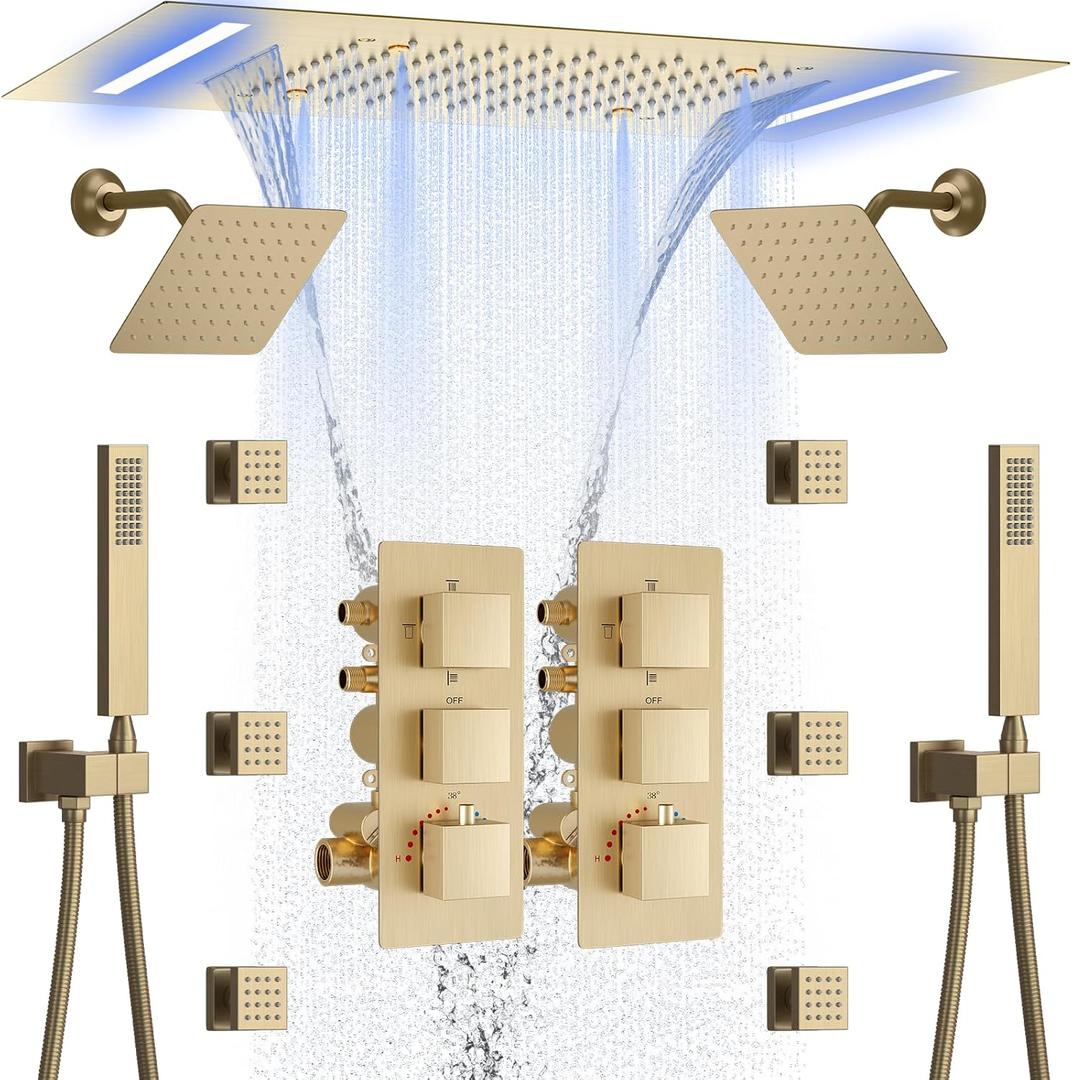 Dual Shower Faucet Set Brushed Gold Thermostatic Shower System