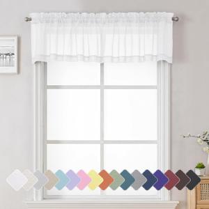 Lecloud Sheer White Curtains 14 Inch Length 2 Pieces, Light Filtering Voile Cafe Kitchen Valance with Dual Rod Pockets, Bedroom Living Room Sheer Short Curtains for Small Window Decor, 40" Wx14 L