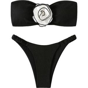OYOANGLE Women's 2 Piece Bikini Sets 3D Floral Appliques Colorblock Sleeveless Strapless High Cut Bandeau Swimsuits (X-Large, Black)