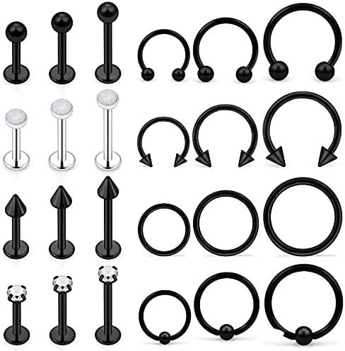 24Pcs Assorted Size 16G Lip Rings for Women Men Surgical Steel Medusa Piercing Jewelry Labret Studs CZ Diamond Opal Daith Tragus Forward Helix Earrings Septum Rings