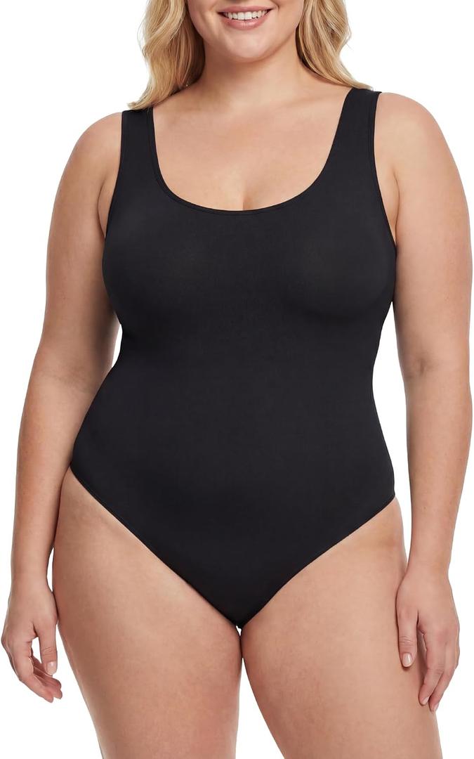 Plus Size Tank Top Bodysuit Women Square Neck Button Thong Double Lined Body Suit Stretchy Backless Bodysuits S-XXL (M)