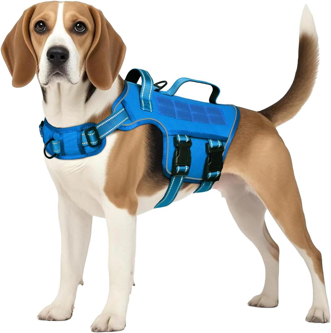 Tactical Dog Harness Medium Sized, Heavy Duty No Pull Dog Harness with Handle, Easy On and Off Service Dog Vest with Molle System, Reflective Pet Vest for Walking Hiking Training (M(Neck:17-23",Chest:22-32"),35-50 lbs, Blue)
