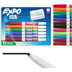 EXPO Low Odor Dry Erase Markers Fine Tip Assorted Colors 12 Count