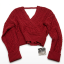 ZAFUL Women's V Neck Cable Knit Sweater Long Sleeve Ribbed Crop Tops Wrap Surplice Solid Casual Pullover Jumper, Red, Large