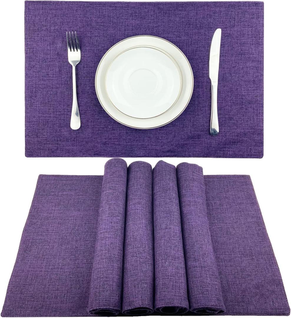 Weabetfu Cloth Placemats Set of 6 Heat Resistant Dining Table Placemmats Cotton Linen Machine Washable Kitchen Table Mats Wrinkle Free Thick Fabric Place Mat,Easy to Clean,13"x19" Purple