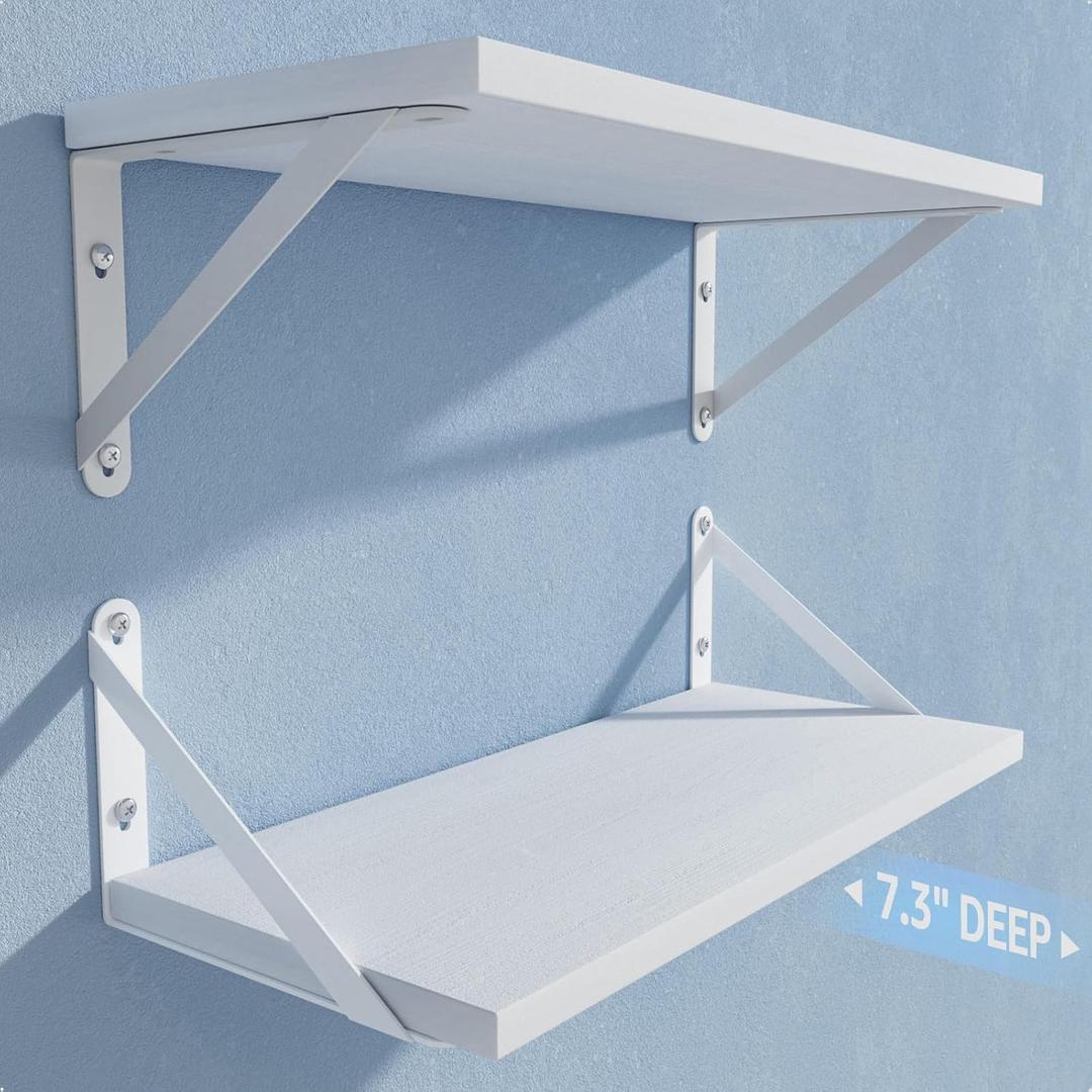 COCOYA Wall Shelves 7.3" Deep Set of 2, Solid Paulownia Wood Wider Longer Sturdy Easy to Install Wall Mounted Bookshelves Storage Shelves Bathroom Storage Office Laundry Room Bedroom Organizer White