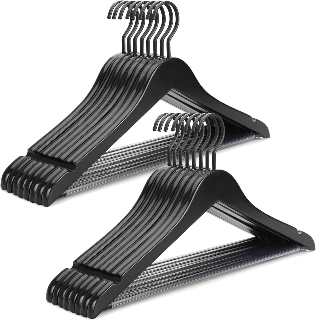 TOPIA HANGER Premium Wooden Hangers, Luxury Boutique Wood Hangers with Extra Thick Hook and Non Slip Pants Bar, Heavy Duty Coat Hanger with Notches 16 Pack, Black -CT01B