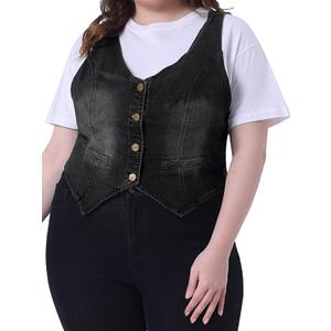 Agnes Orinda Plus Size Denim Vest Top for Women Button Down Waistcoat Casual Sleeveless Jean Jacket Vests (2X, Black)