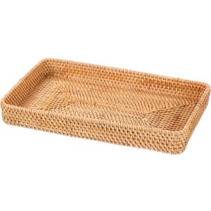 Rattan Storage Basket, 14.6x9x2 Inch Woven Rectangular Serving Tray, Decorative Wicker Organizer Bin for Bathroom, Kitchen, and Home Decor, Natural Material