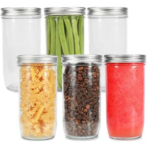Ieavier Mason Jars Wide Mouth 24oz, 6 pack Glass Pickle Canning Jars Food Storage With Airtight Mason Jar lids and Bands for Canning, Preserving, Fermenting, Pickling, DIY Projects