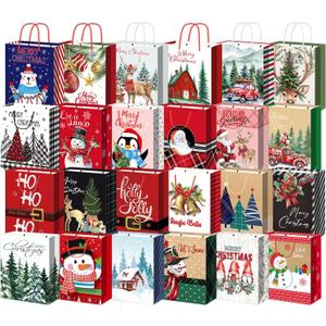 WLUSEAXI 24PCS Large Christmas Gift Bags Bulk With Handles, Paper Holiday Gift Bags with 24 Assorted Design Big Size for Wrapping Xmas Present 13 X 10.3 X 4.7 Inches (Red)